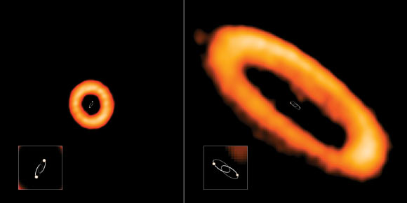 Esempi di dischi protoplanetari allineati e disallineati attorno a stelle binarie osservati con Alma. A sinistra il disco non è allineato, a destra il disco è in linea con l'orbita delle stelle (credit: ALMA (ESO / NAOJ / NRAO), I. Czekala e G. Kennedy; NRAO / AUI / NSF, S. Dagnello)