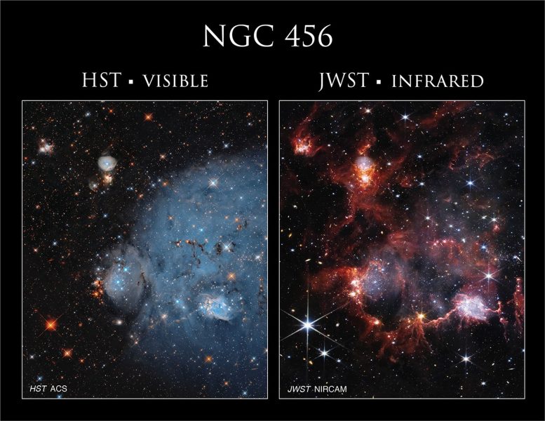 A sinistra, Hubble mostra Ngc 456 come una soffice nube di gas blu ionizzato; a destra, il Webb ne svela invece la struttura interna (crediti a in fondo all'articolo)