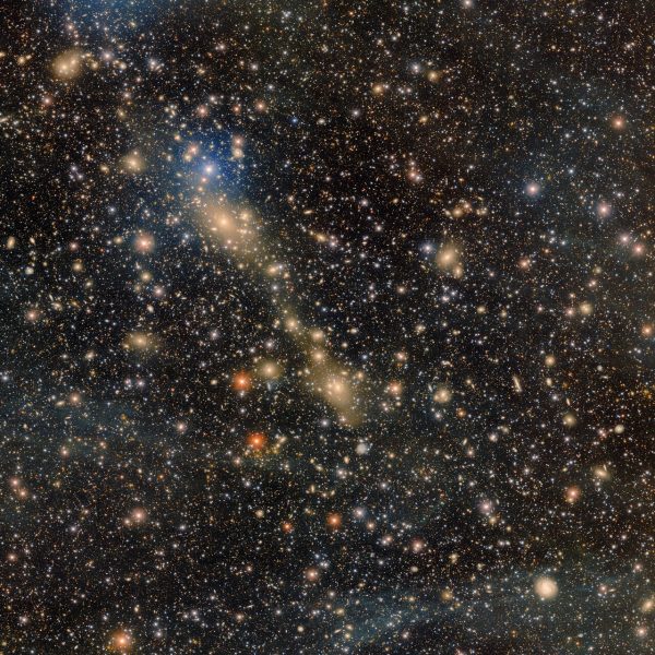 <em>L'ammasso di galassie Abell 3667, ripreso con la Dark Energy Camera. Al centro si nota la striscia luminosa gialla, prodotta da due ammassi minori in via di fusione. In basso a destra, uno dei tanti aloni bluastri di polvere interstellare presente nella nostra galassia. Crediti: Ctio/NoirLab/Nsf/Aura. Anthony Englert (Brown University) Processing: T.A. Rector (University of Alaska Anchorage/Nsf NoirLab), M. Zamani & D. de Martin (Nsf NoirLab)</em>