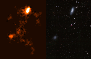 (Sinistra) Immagine radio dell’idrogeno neutro in e intorno alle galassie Ngc 4532 / Ddo 137 ottenuta con Askap.(Destra) Immagine ottica della galassia dai Legacy Surveys. 