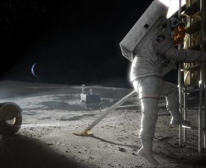 Rappresentazione artistica di astronauti sulla superficie lunare
