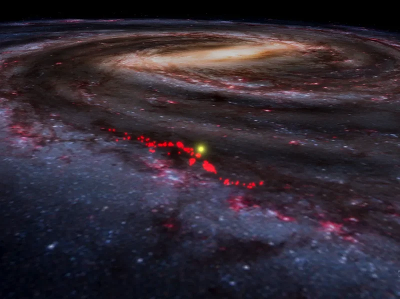 Ricostruzione dell'onda di Radcliffe. Il puntino giallo indica la posizione del nostro Sole.Crediti: WorldWide Telescope, per gentile concessione di Alyssa Goodman