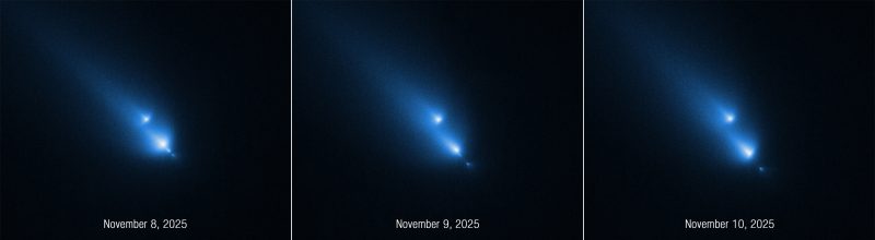 La frammentazione della cometa in tre immagini consecutive ottenute con lo strumento Stis (Space Telescope Imaging Spectrograph) del telescopio spaziale Nasa/Esa Hubble(Crediti: Nasa, Esa, D. Bodewits (Auburn). Image processing: J. DePasquale (StScI)