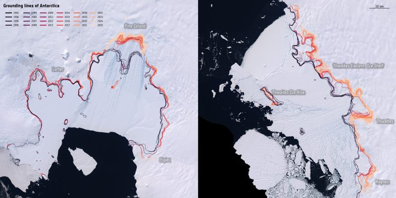 Le variazioni dei profili delle grounding lines di una porzione della costa antartica, usando i dati dal 1992 al 2025 raccolti Copernicus Sentinel-1 e Ars. Le linee nelle tonalità rosse e rosa sono quelle più recenti ed evidenziano come, in alcuni punti, l'arretramento sia significativo(crediti foto: Esa)