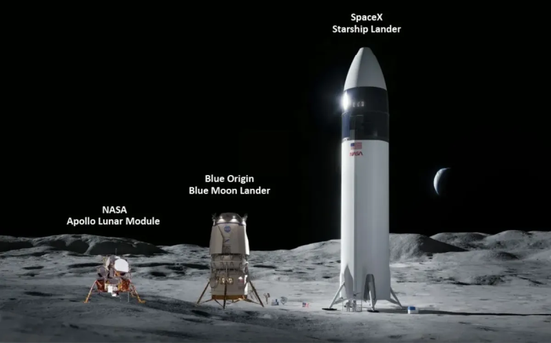 I due nuovi lander pensati per il ritorno sulla Luna con il programma Artemis, messi a confronto con il Lem, il modulo Lunare usato durante l'era Apollo (Crediti: Nasa Oig)