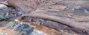 Questa mappa orbitale mostra il percorso che il rover marziano Perseverance della NASA ha compiuto dal suo sito di atterraggio nel cratere Jezero nel 2021 fino alla posizione "Broom Point" a metà del 2025.