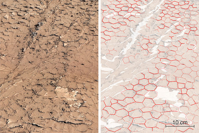 Altre formazioni a nido d'ape scoperte dal rover Curiosity nel 2021, in una zona chiamata Pontours. Il pattern di esagoni è evidenziato a destra e dimostra un'alternanza di cicli di umidità e aridità, su lunghe scale temporali, nel passato di Marte(Crediti: Nasa/ Jpl-Caltech/ Msss/ Irap)