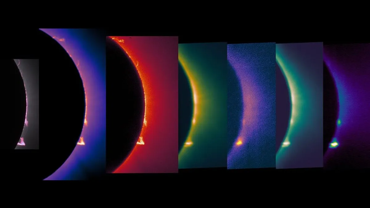 Protuberanze della colona solare riprese a diverse lunghezze d'onda dal sistema Sami, montato a bordo di un jet Nasa Wb-57 durante l'eclissi totale dell'aprile 2024, Lo stesso jet volerà oggi per effettuare riprese simili(Crediti: Nasa / SwRi / William Ashfield)