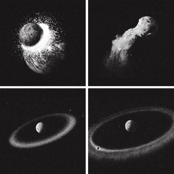La sequenza teorizzata dagli scienziati circa la formazione della Luna; l'impatto, la perdita di detriti, la disposizione intorno alla Terra e la riaggregazione in un corpo unico orbitante (credit: Nasa, London History Museum)