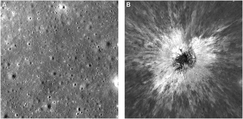 Due immagini raccolte con la Narrow-Angle Camera (Nac) dell'Lro in tempi diversi, mostrano la stessa zona della superficie lunare prima e dopo l'impatto (Crediti: Nasa)