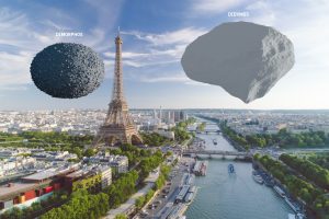 Le dimensioni di Dimorphos (a sinistra) e Didymos paragonate con la Torre Eiffel di Parigi (Crediti: Esa-Science Office)